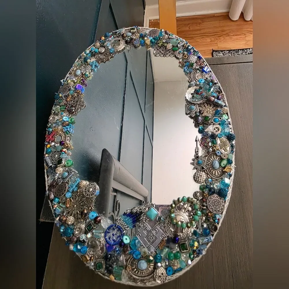 Handmade Jewelled Mirror Oval Wall Mirror Wall Art Bohemian 13x9x0.5'D